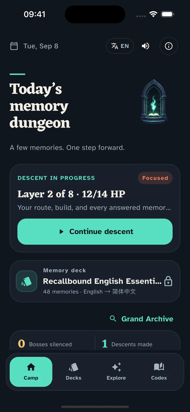 Recallbound home screen with a focused study session and clear navigation