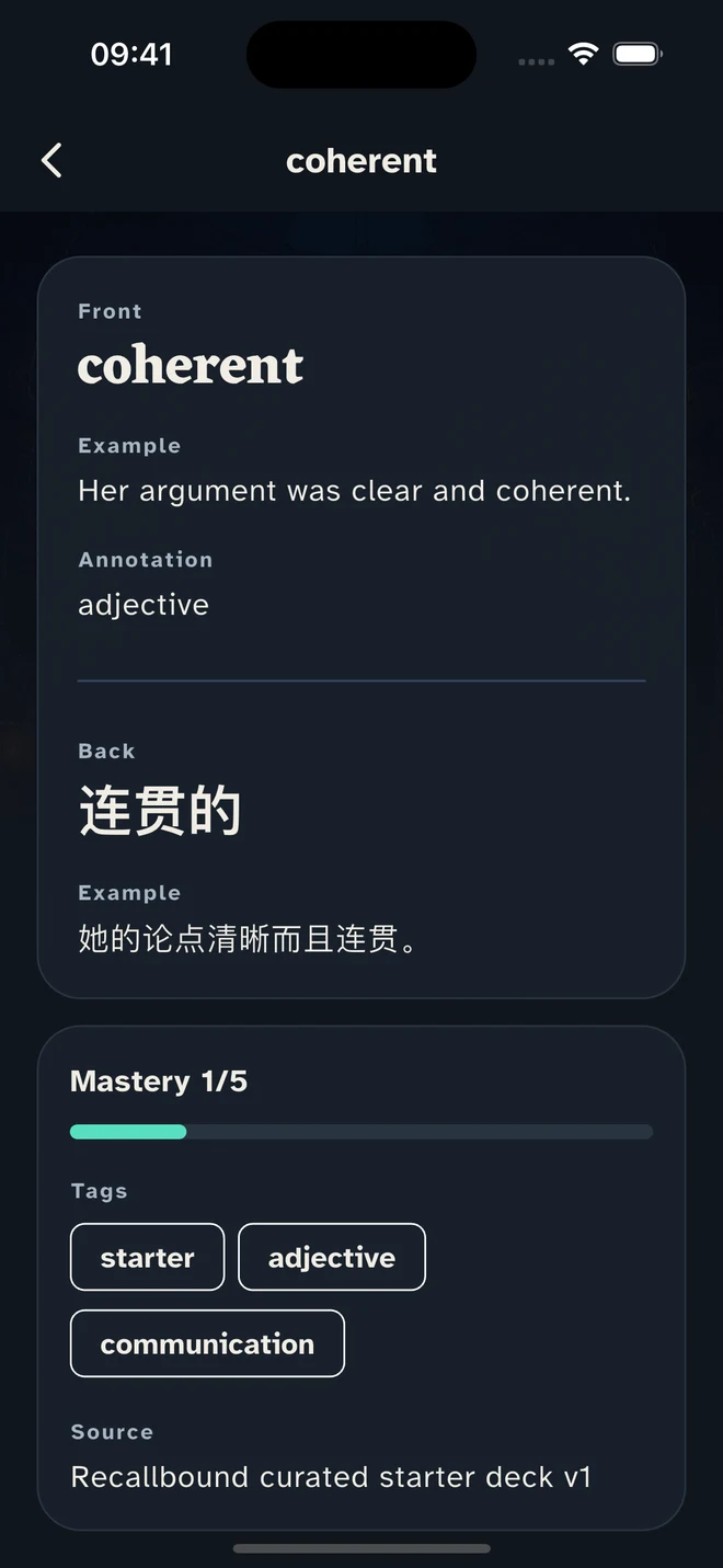 Recallbound card detail showing meanings, examples, and mastery